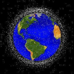 Computer generated orbital debris graphics displaying currently tracked debris objects.