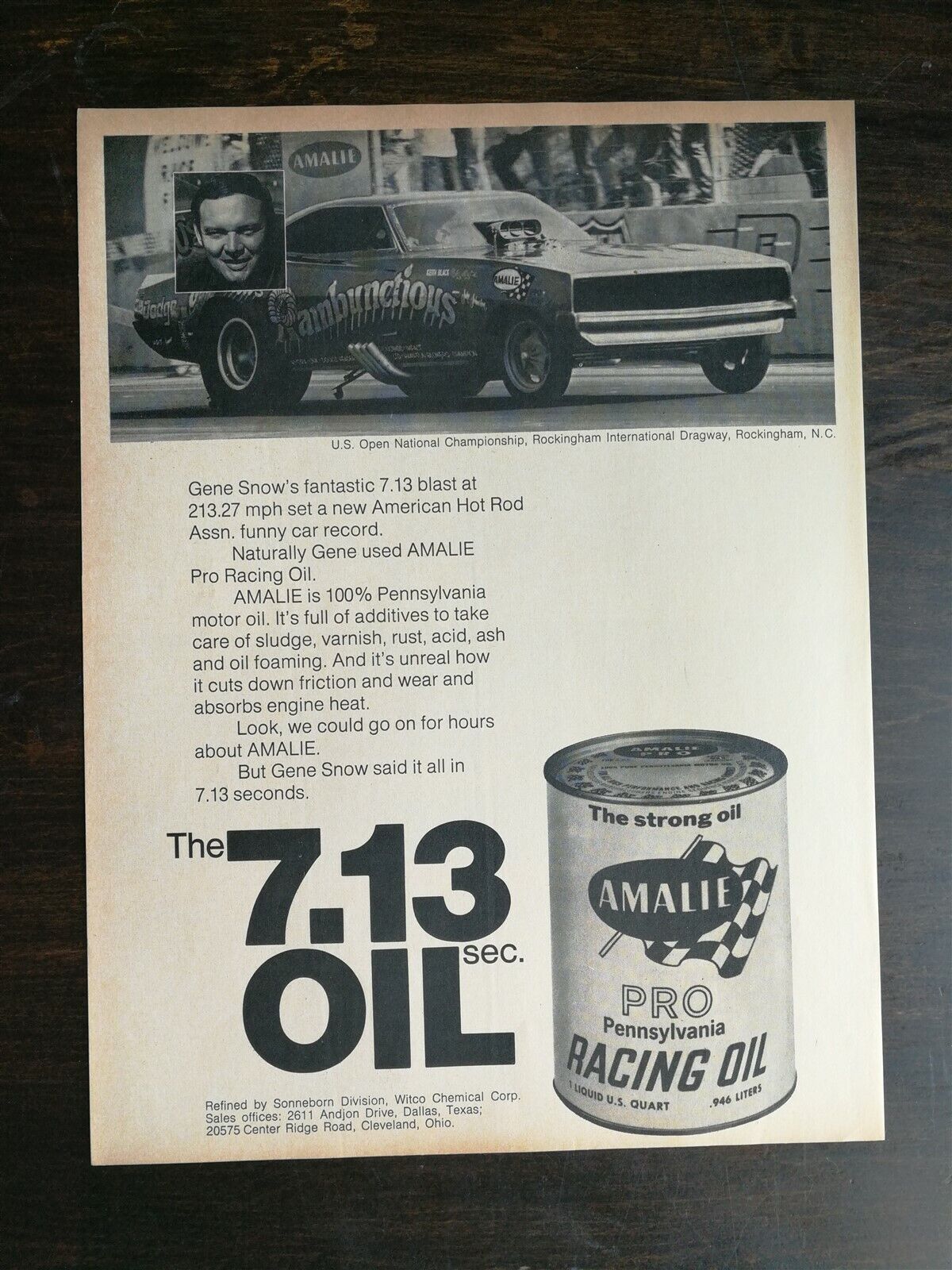 Vintage 1970 Pro Pennsylvania Racing Oil Gene Snow Full Page Original Ad