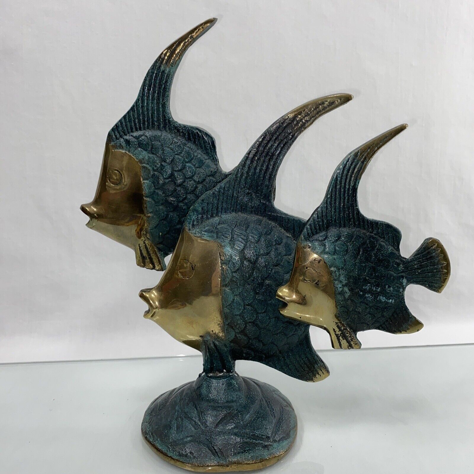 Vintage Aquatic Decor Solid Brass 3 Fishes Swimming 10 Inch Rare Painted Brass