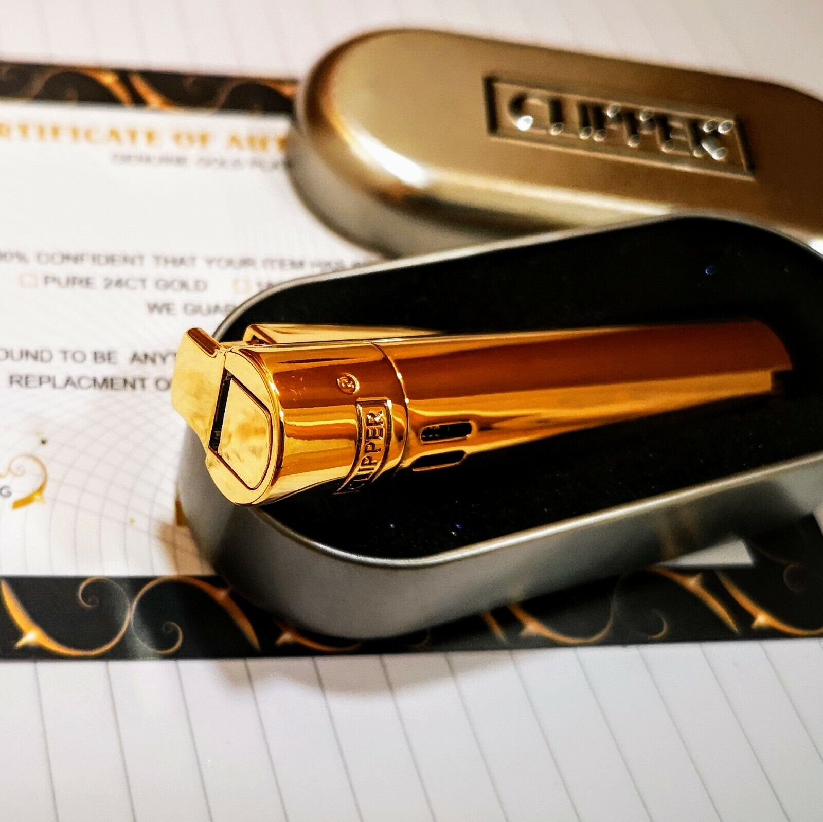 24ct Gold Plated Metal Electric Jet Clipper Lighter Gas Gift Boxed New Lid 24k