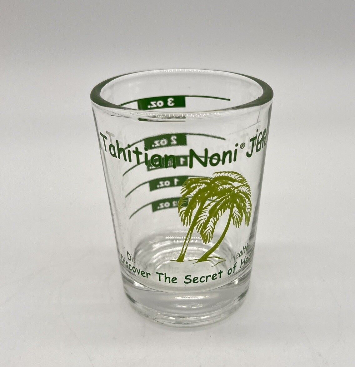 Tahitian Noni Juice Health Shot Glass Clear Green Palm Tree Measuring 1/2 to 3oz