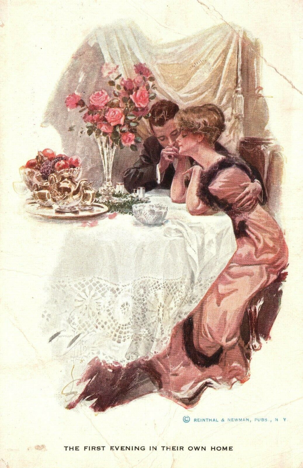 Vintage Postcard 1910s The First Evening in Their Own House Couple Having Dinner