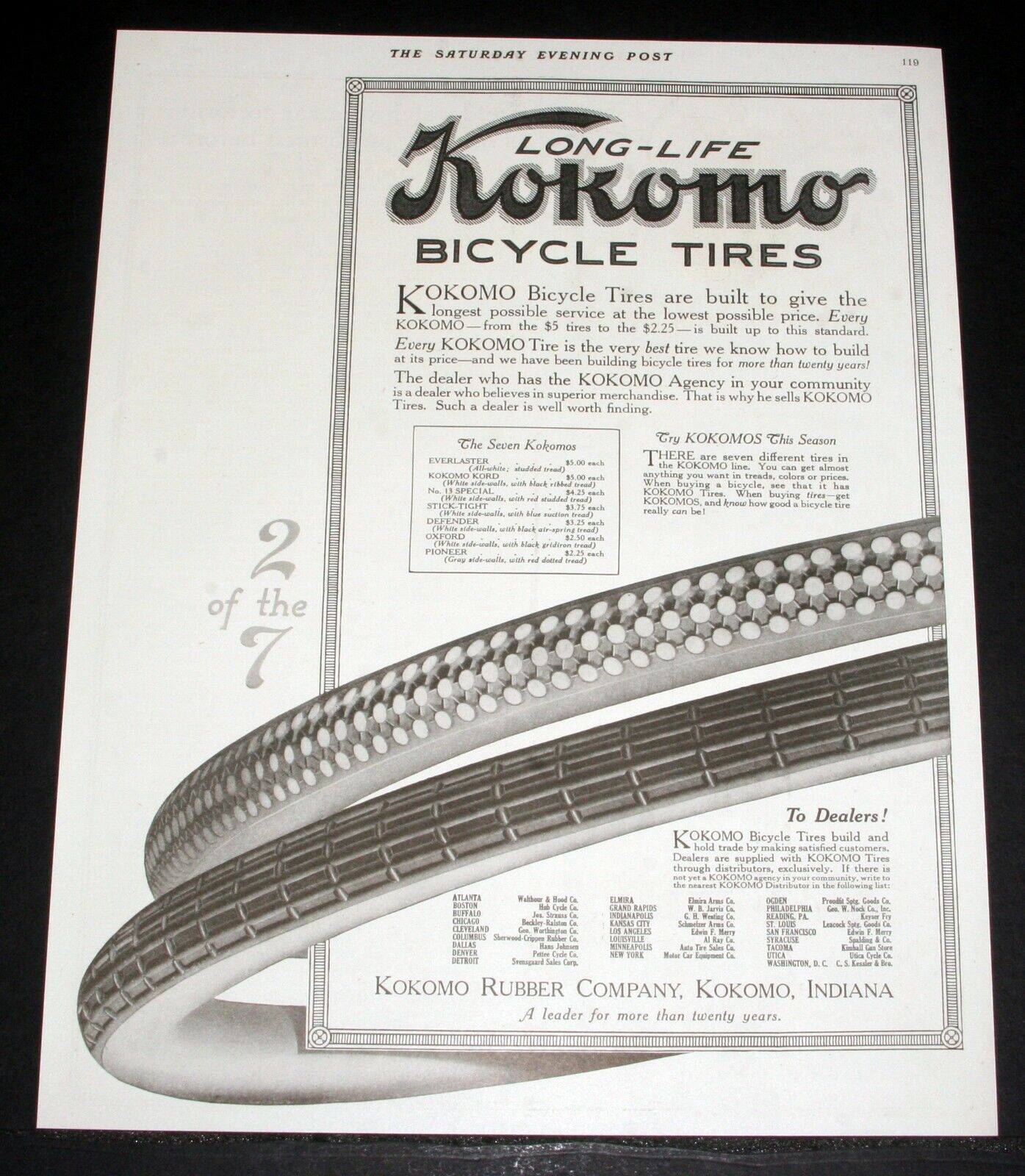 1917 OLD MAGAZINE PRINT AD, LONG-LIFE KOKOMO BICYCLE TIRES, THE LONGEST SERVICE