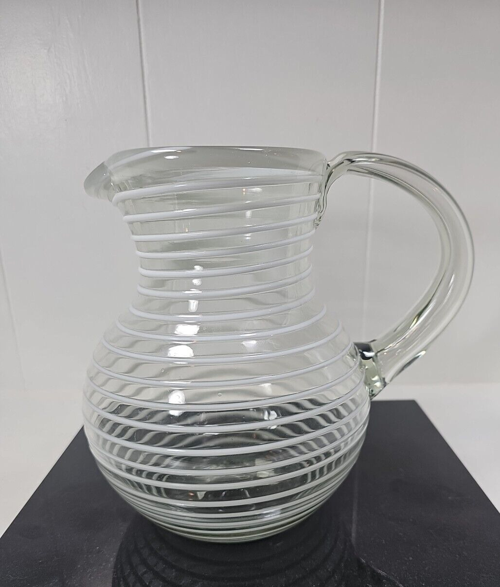 Hand Blown Glass White Striped Iced Tea Margarita Pitcher Ice Water Mexico