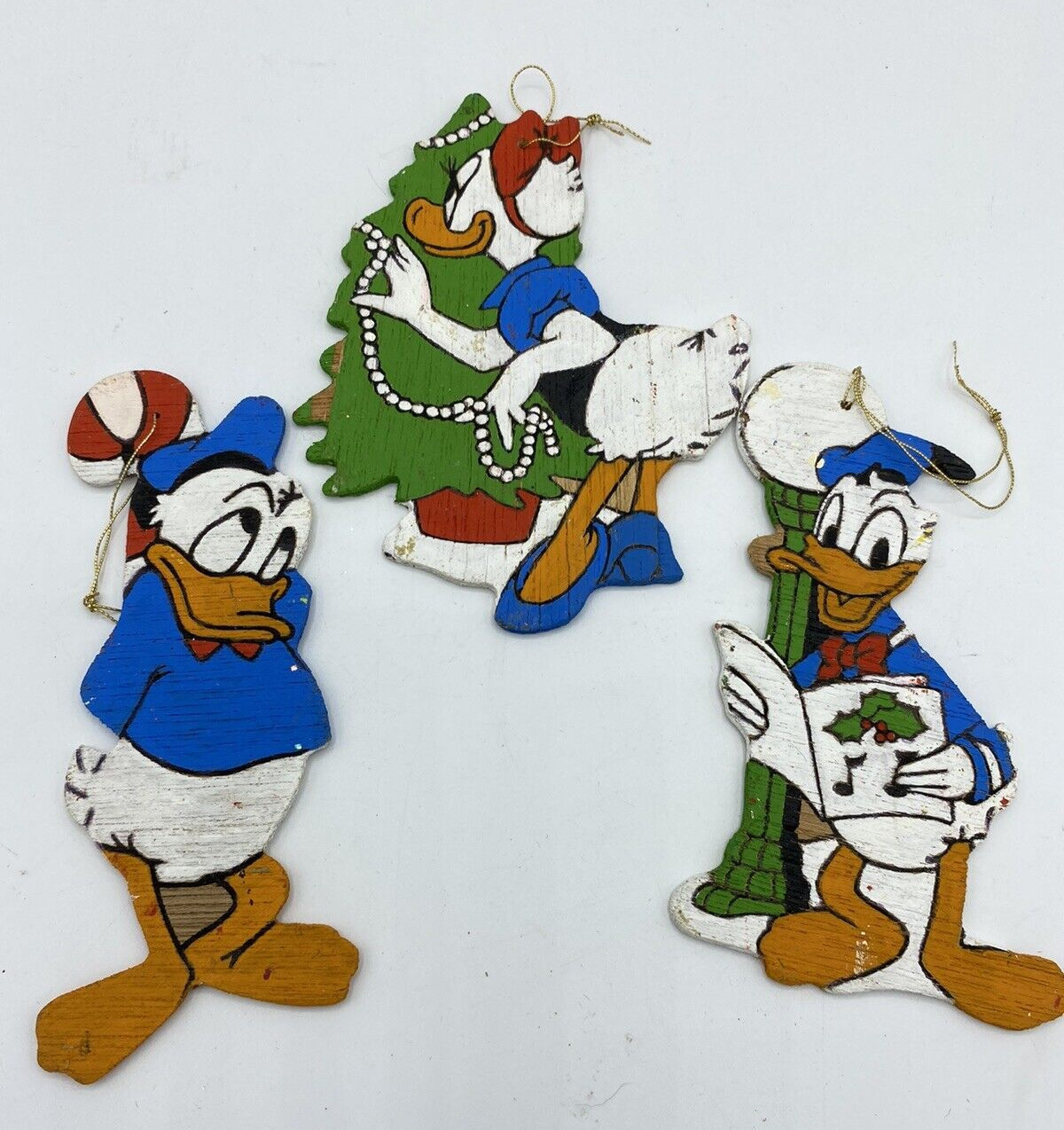 3 Vintage Donald and Daisy Duck Wood Cut Out Folk Art Ornament Hand Painted 5\
