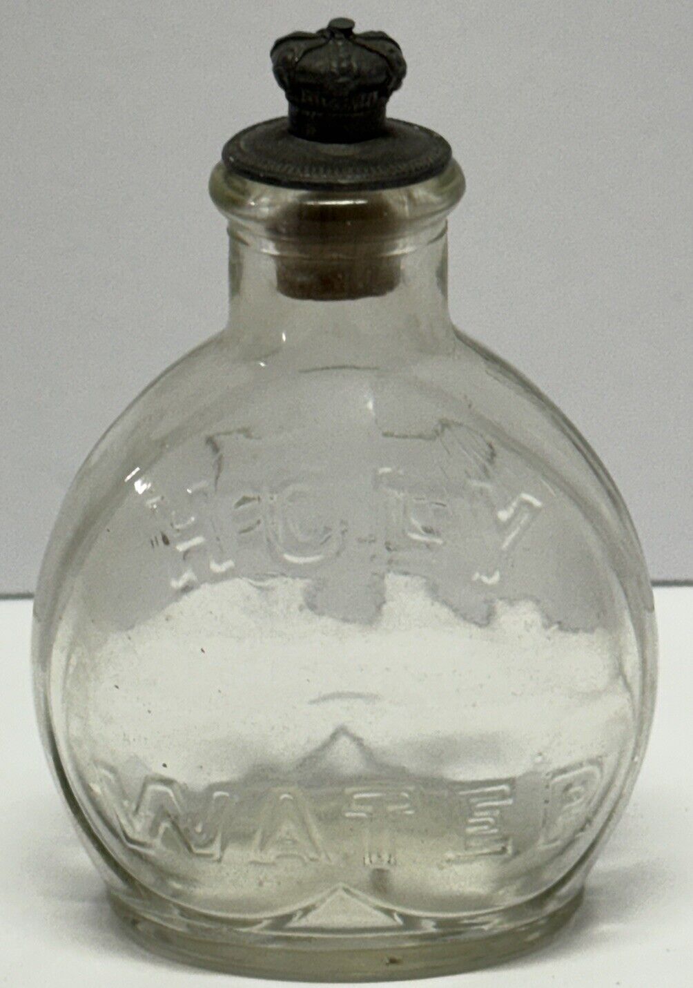 Antique Glass Catholic Holy Water Bottle Embossed Cross Holy Water Metal Crown