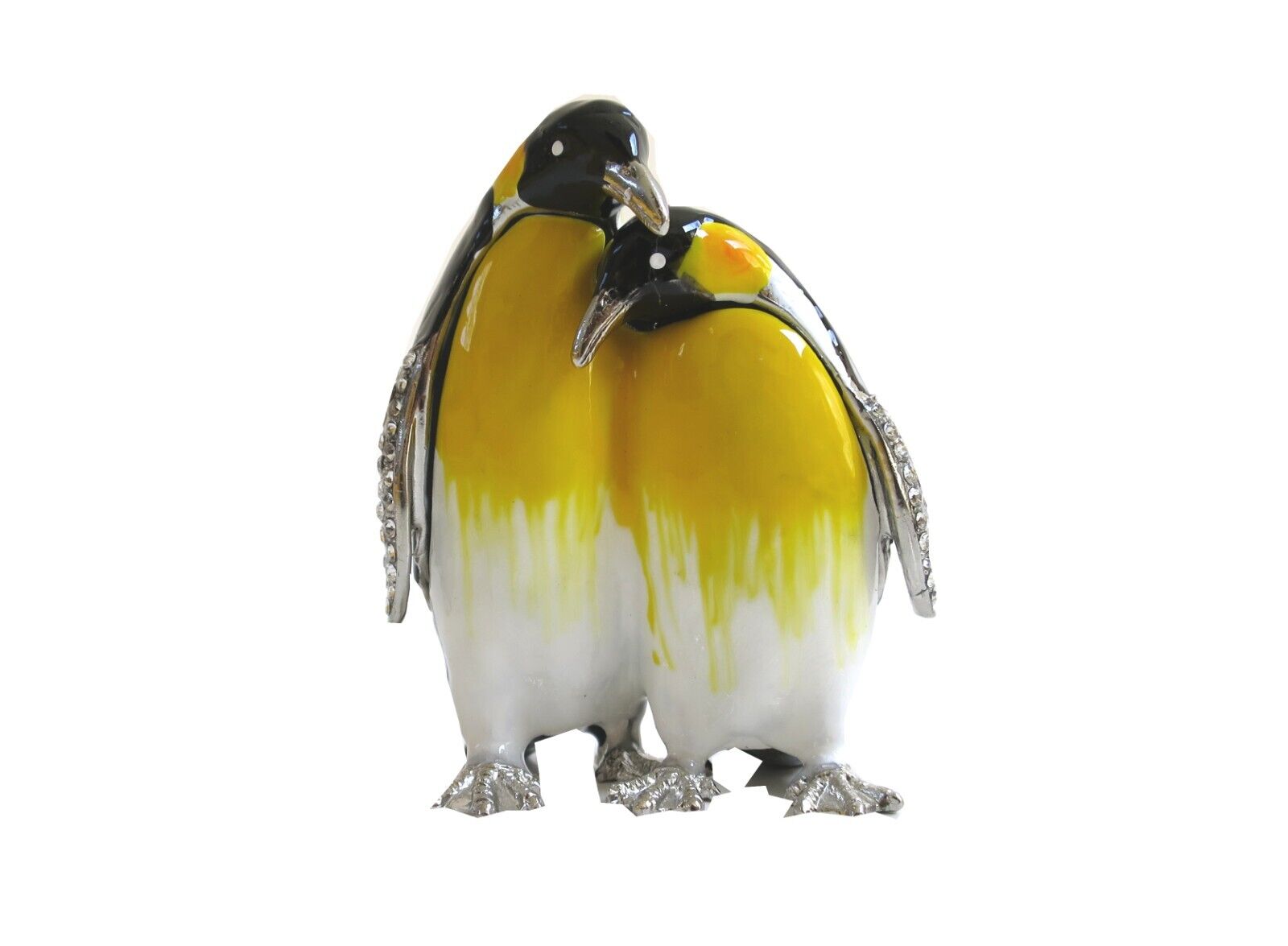 Bejeweled Penguin Love Hinged Metal Enemeled Rhinestone Trinket Box