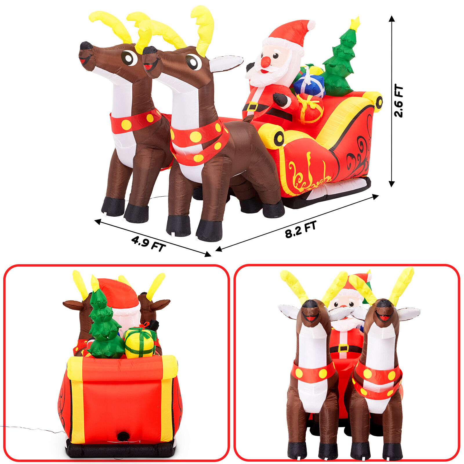 8FT Inflatable LED Santa Claus Reindeers W/ Sleigh Christmas Yard Decoration USA