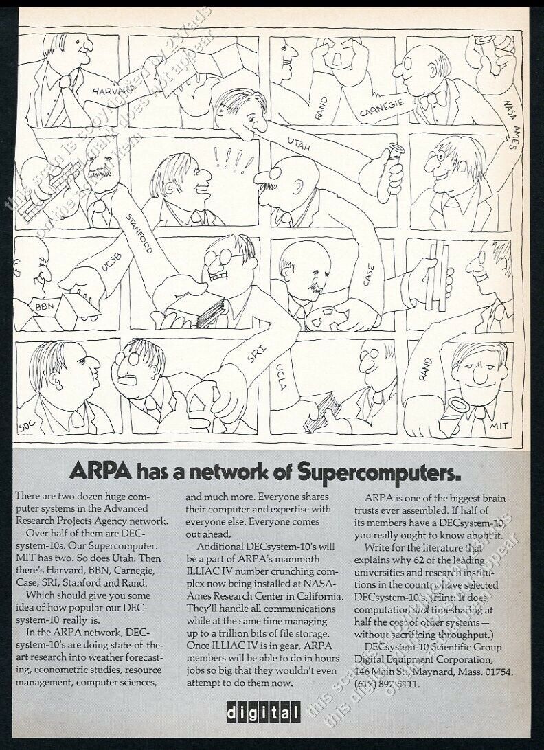 1972 ARPA arpanet theme DEC Digital Equipment DECsystem 10 computer print ad