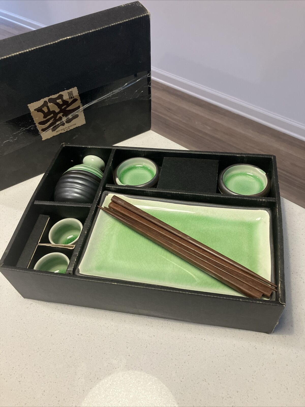 Japanese Green Sushi Plate Set and Sake Set for Two
