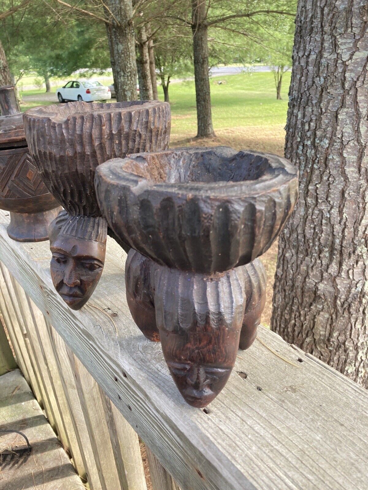 1971 African hand carved three face bust Set  With Ashtray On Top Vintage