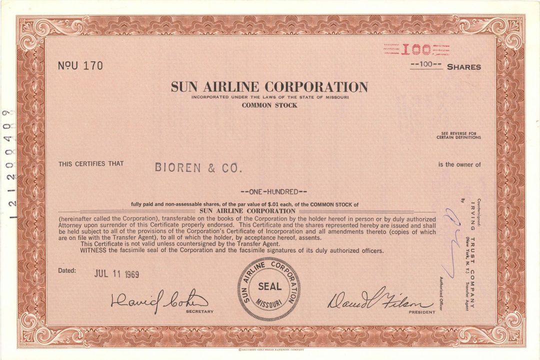 Sun Airline Corp. - Small Airline Aviation Stock Certificate - Aviation Stocks