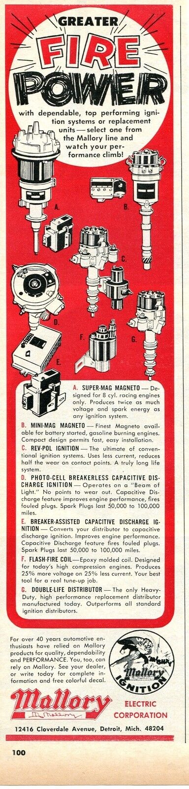 1966 Mallory Ignition Magneto Coil & Distributor Greater Fire Power Print Ad