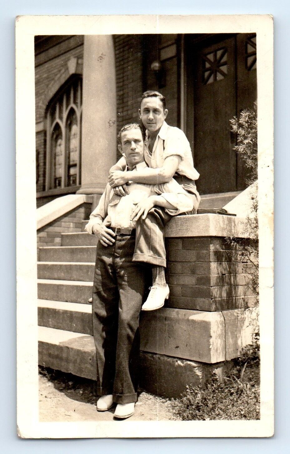 Loving Embrace Hug Men Gay Interest Street Snapshot Photograph c.1940 2\