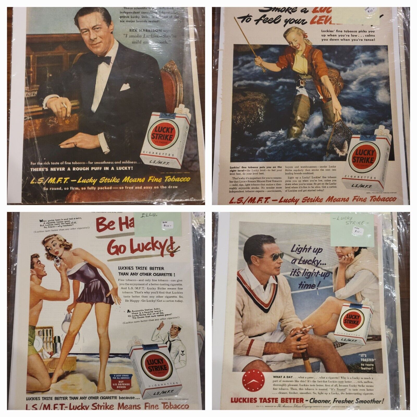 Set Of 4- 1940 Lucky Strike Cigarettes Tobacco Vintage Print Ads Rex Harrison