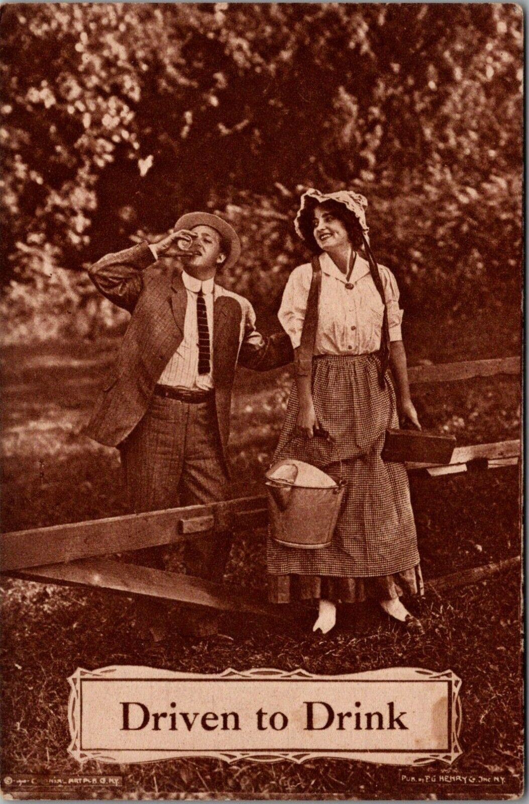 Postcard Driven to Drink, Vintage Man Drinking Alcohol With Woman on Picnic  E4