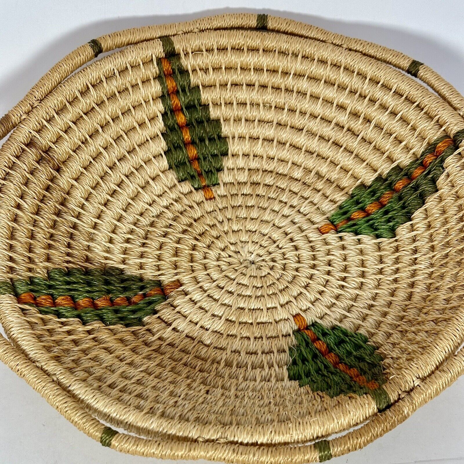 Vintage Hand Woven Coiled Basket 12” Diameter To Use Or Hang As Decor