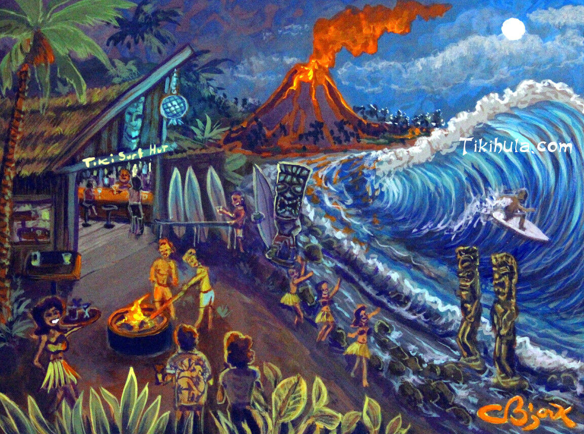 CBjork Signed 8x10 PRINT Tiki Surf Hut Blue Hawaiian Island Hula Volcanic Lava