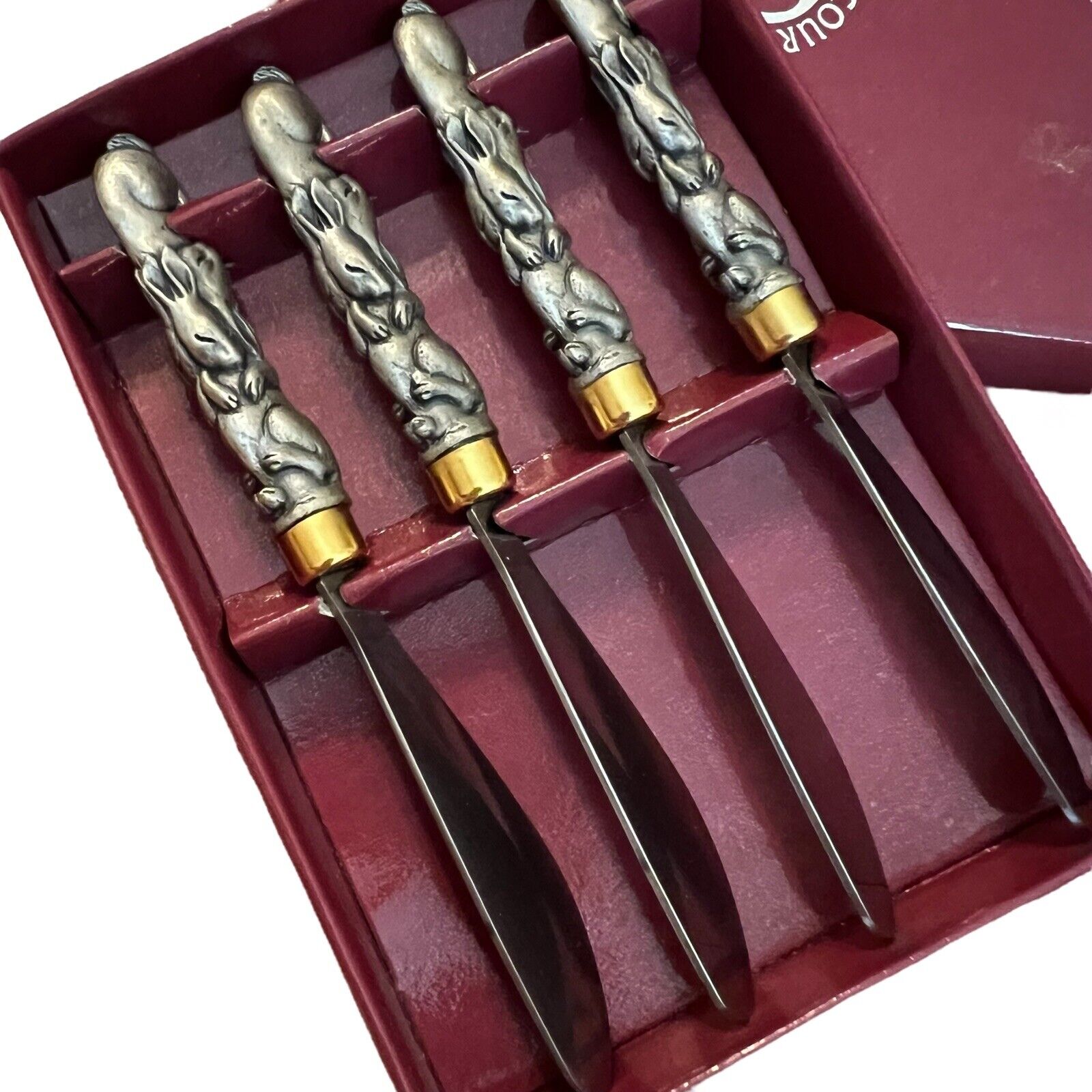 Set (4) ARTHUR COURT BUNNY RABBITS Snuggling Spreaders Butter Knives Silver Tone