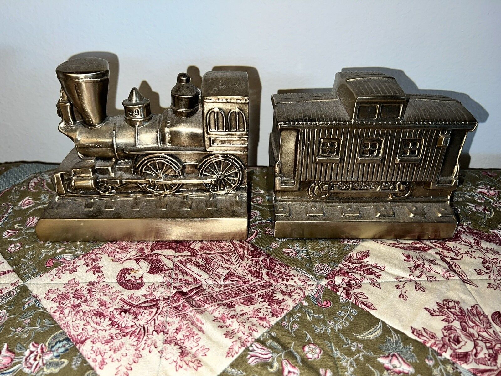 PM Craftsman Vintage Heavy Brass Train Locomotive & Caboose Bookends USA