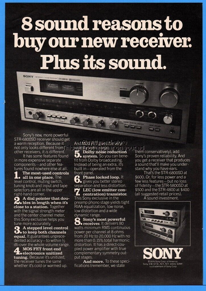 1976 Sony Stereo Receiver STR-6800SD MOS FET Dolby Vintage Print Ad
