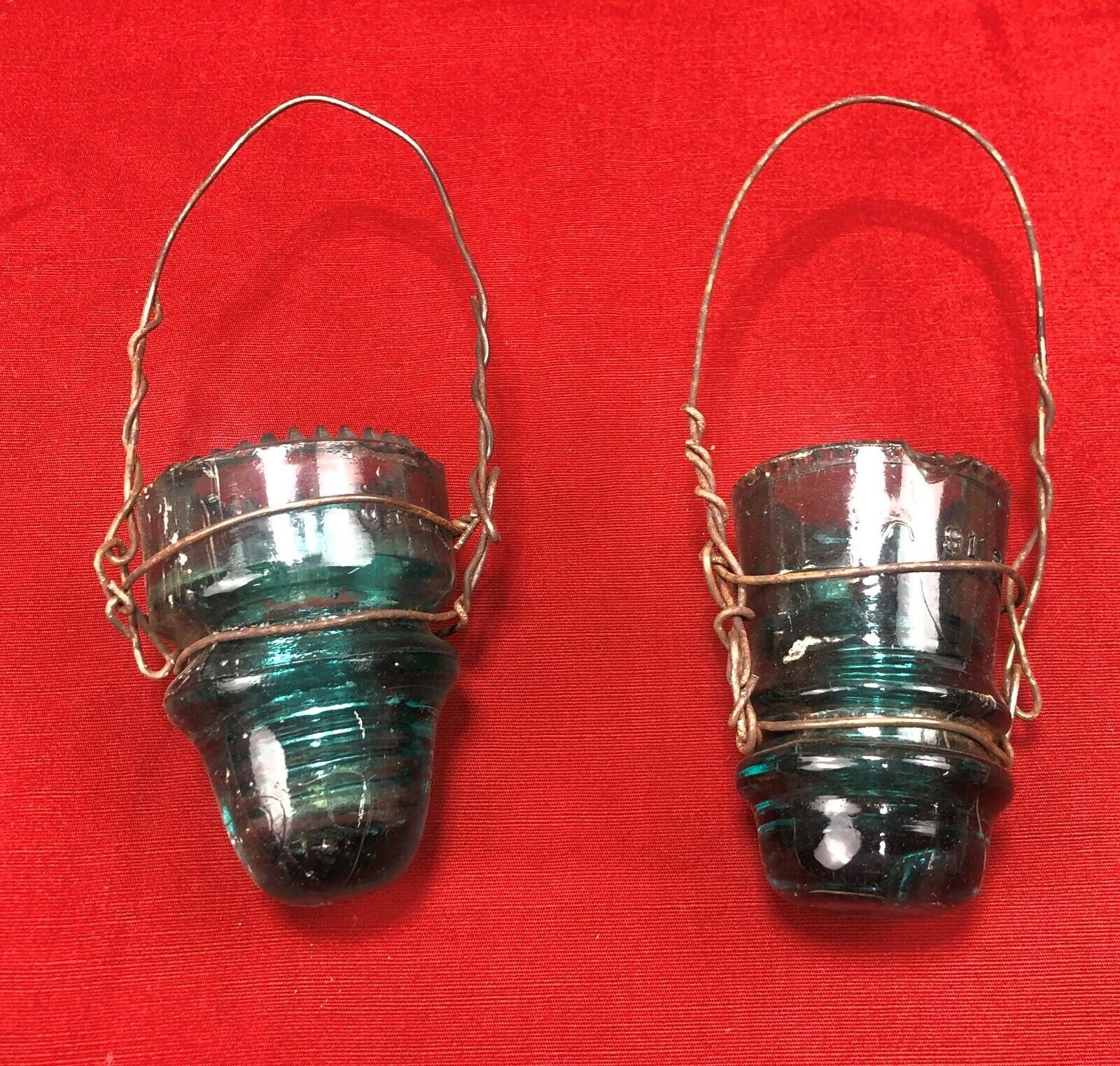 Vintage Hemingray Blue Green Beaded Electrical Glass Insulator Candle Holder x2