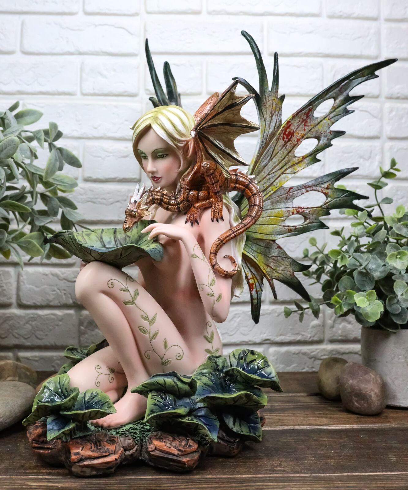 Large Nude Tribal Forest Fairy Feeding Dragon Statue 13\