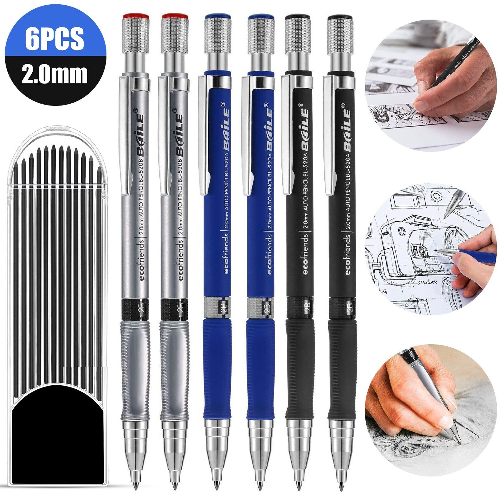 6PCS Mechanical Clutch Pencils 2.0mm Drafting Sketching Drawing +12 Refills Lead