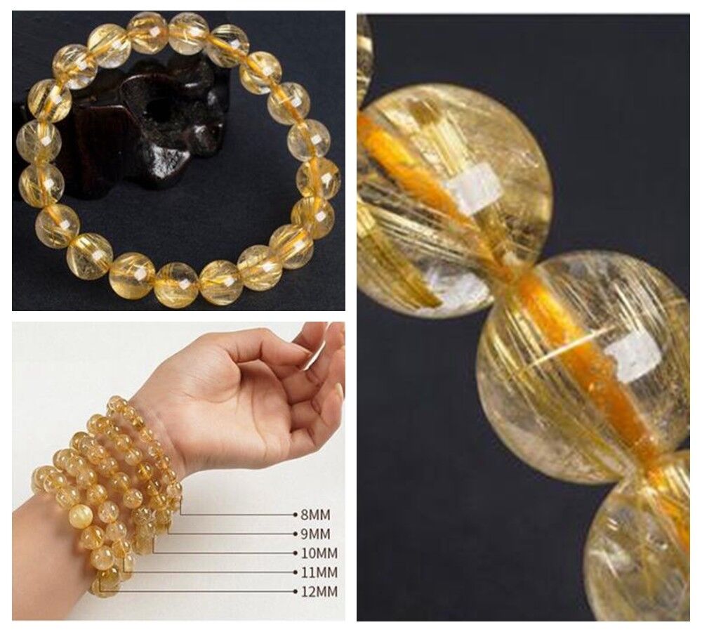 8mm Gold Natural Rutilated Quartz Round Crystal Beads Bracelet AAAAHigh quality