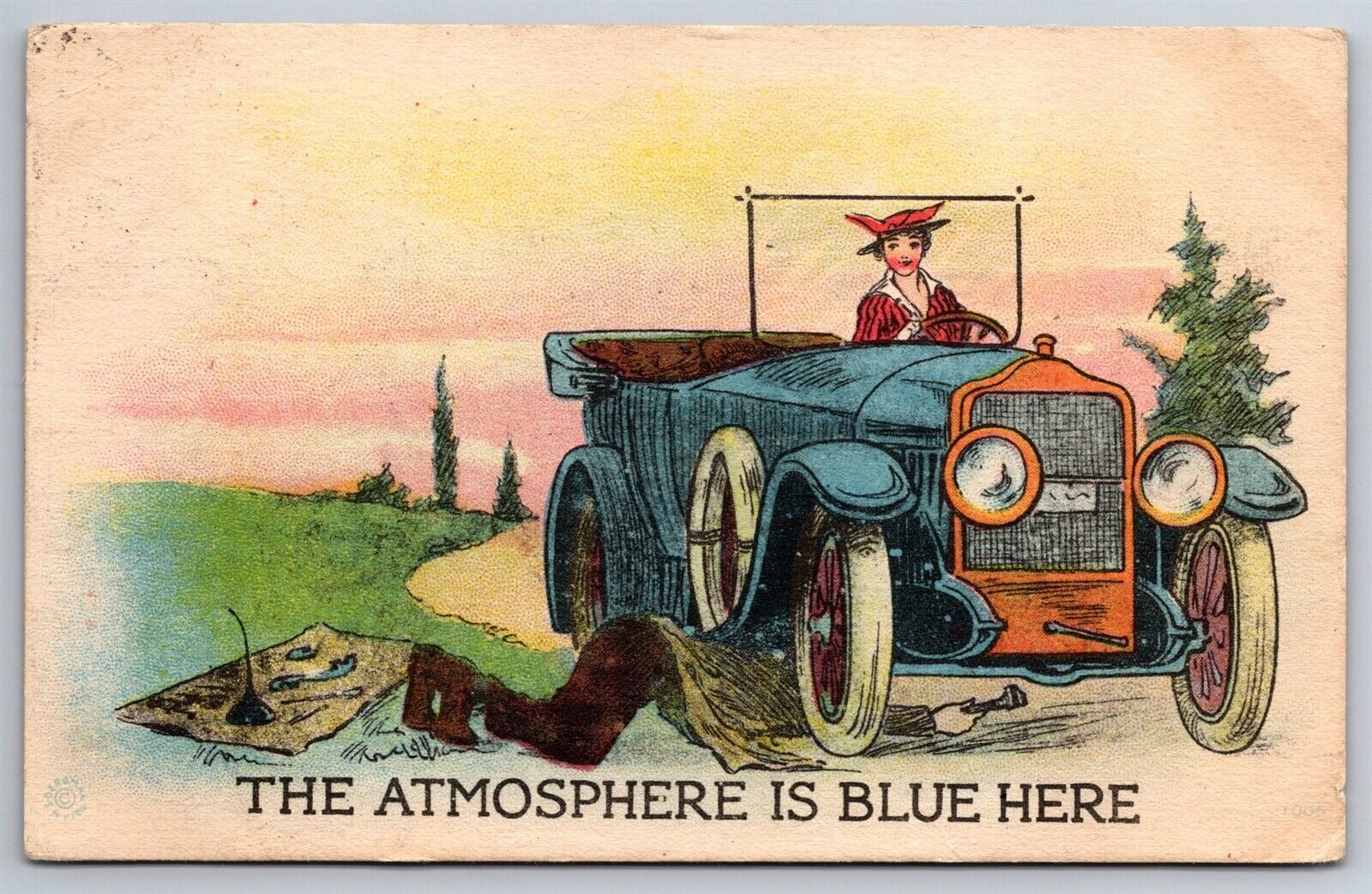 Humor Cartoon Auto Broken Down Car Atmosphere Blue Couple C1910\'s Postcard N8