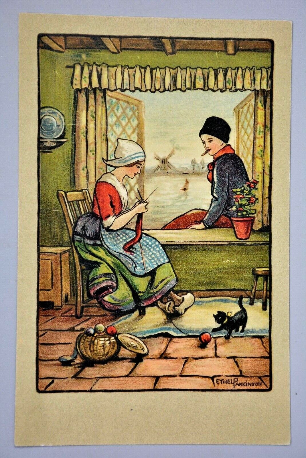 R&L Postcard: Dutch Children, Ethel Parkinson, Knitting Girl, Cat
