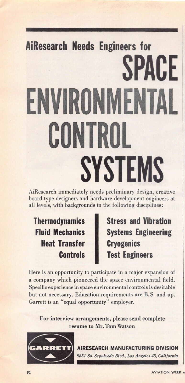 Garrett Space Ctrl Systems Cryogenics Thermodynamics Vintage Magazine Print Ad