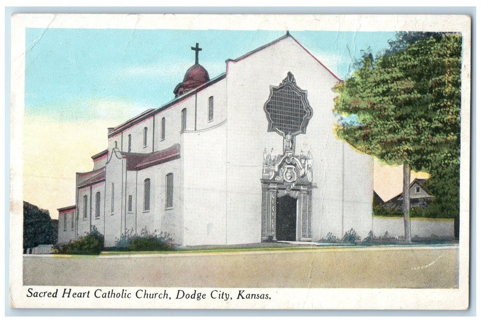 c1920\'s Sacred Heart Catholic Church Building Cross Dodge City Kansas Postcard