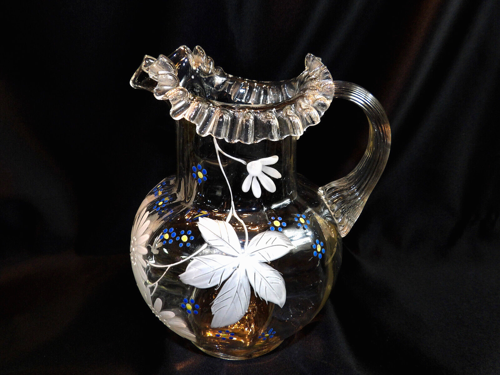 EAPG Clear Enamel Painted Ruffled Glass Jug Pitcher Paneled Optic Hand Blown