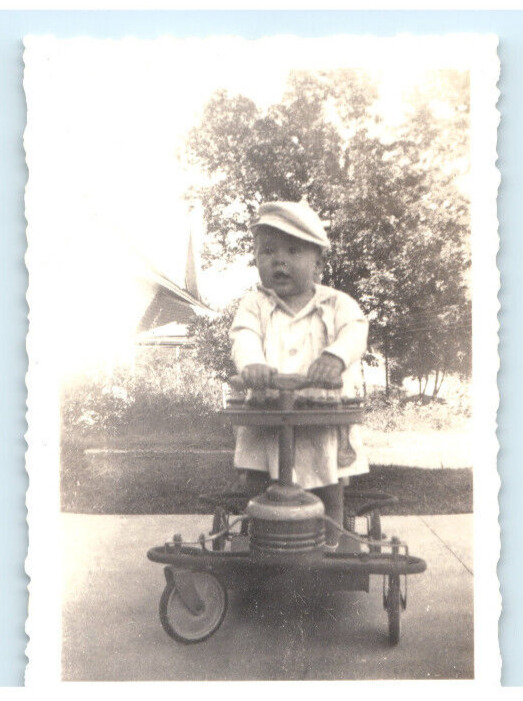 Vintage Photo 1940s, Handsomely Dressed Toddler, Beret, in bouncer, 3.5 x 2.5