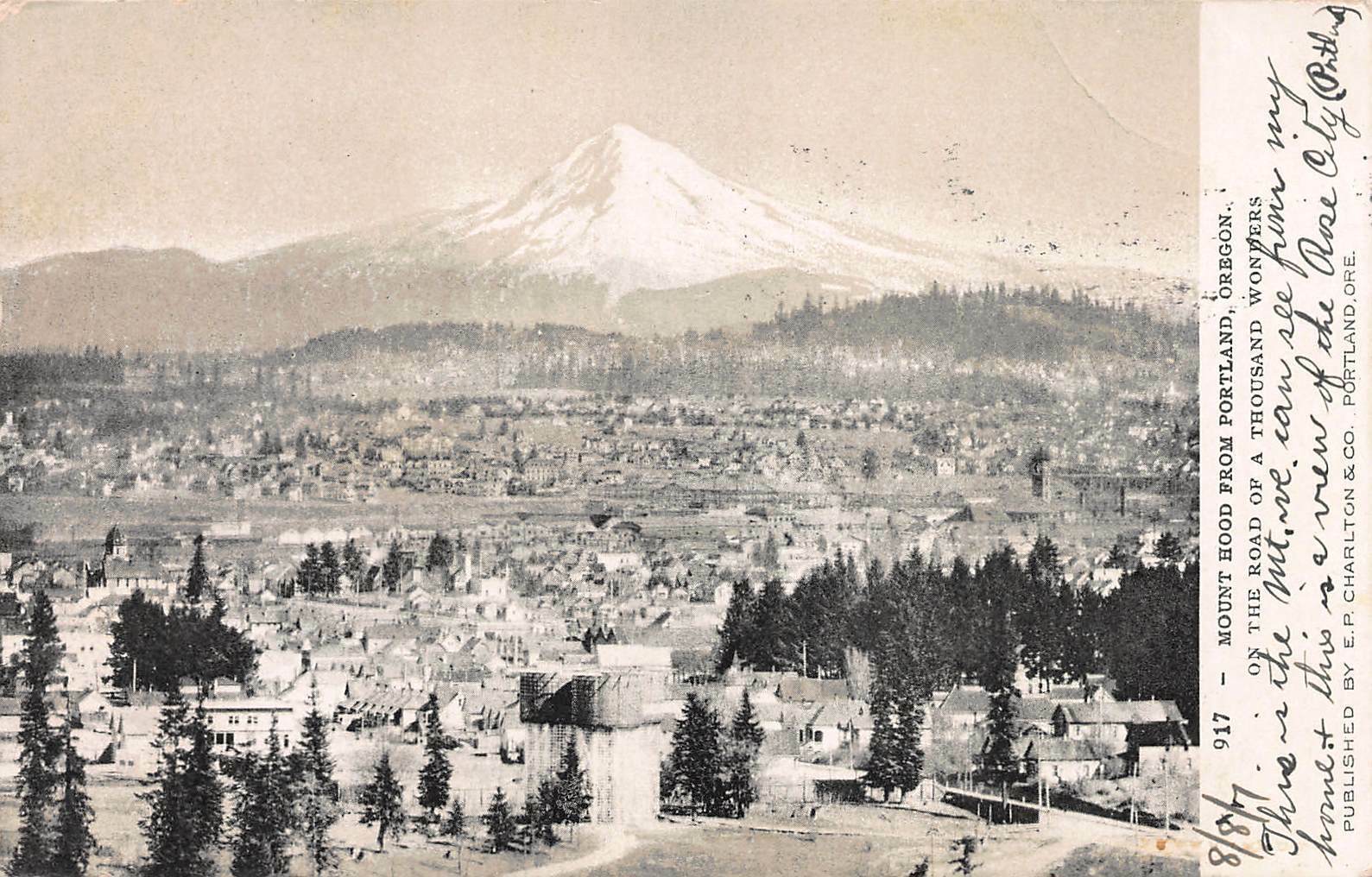 Mount Hood from Portland, Oregon, early postcard, used in 1907