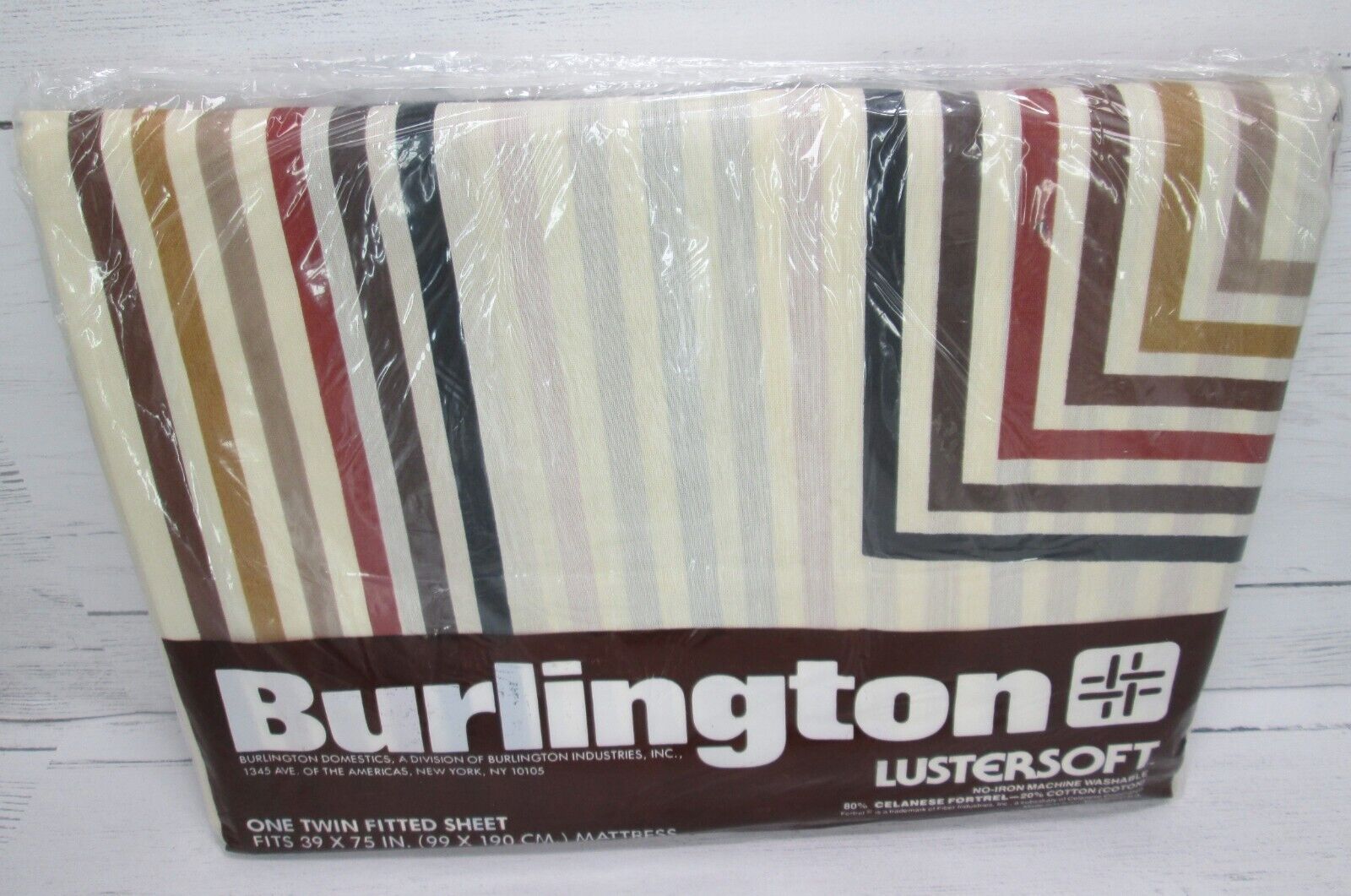 Vintage 70s Burlington Equation Twin Fitted Sheet Brown Geometric Square Stripe
