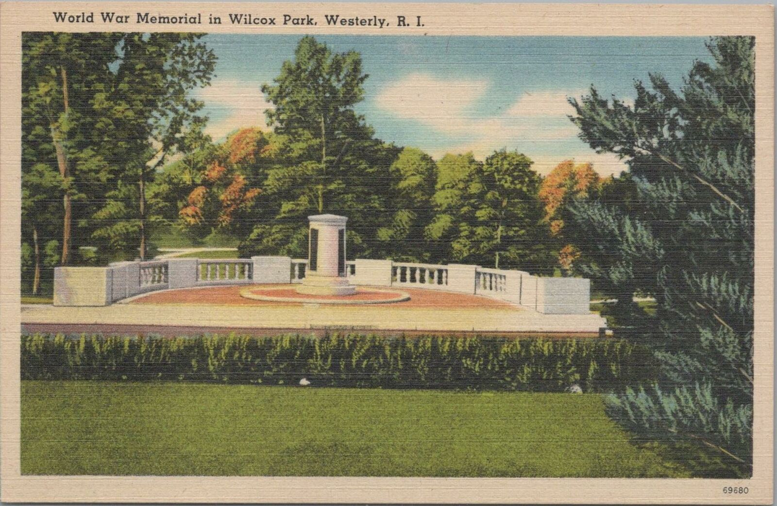 Postcard World War Memorial Wilcox Park Westerly RI Rhode Island 