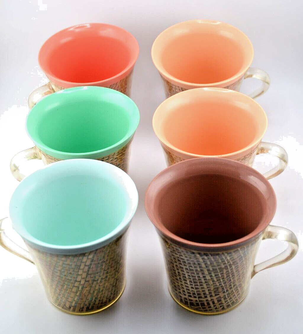 6 Vintage  1960\'s Coffee Mugs Burlap Wicker Insulated Plastic - Pastel colors