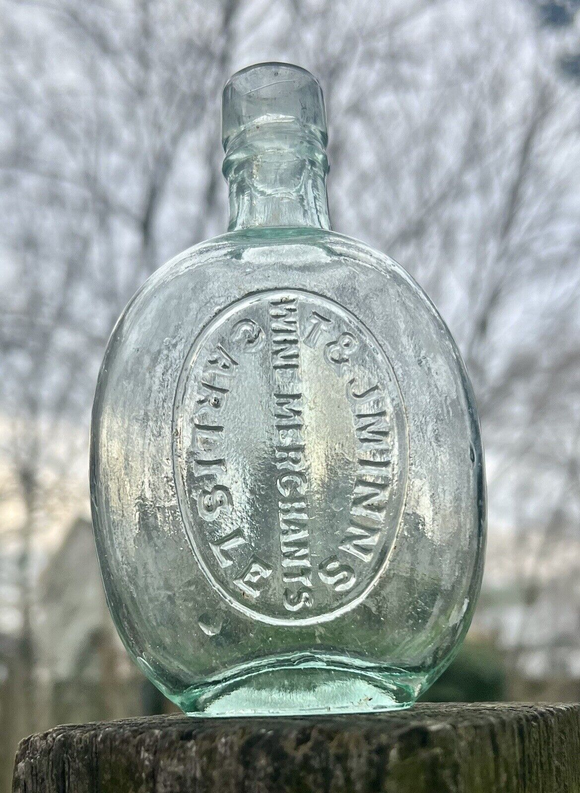 Antique T & J Minns Wine Merchants Liquor Flask, Aqua, 5 1/2”, Beautiful Cond