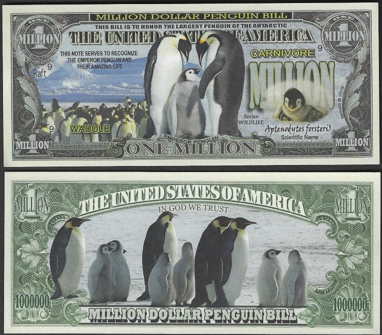 Emperor Penguin Million Dollar Novelty Bill -  LOT OF 10 Bills