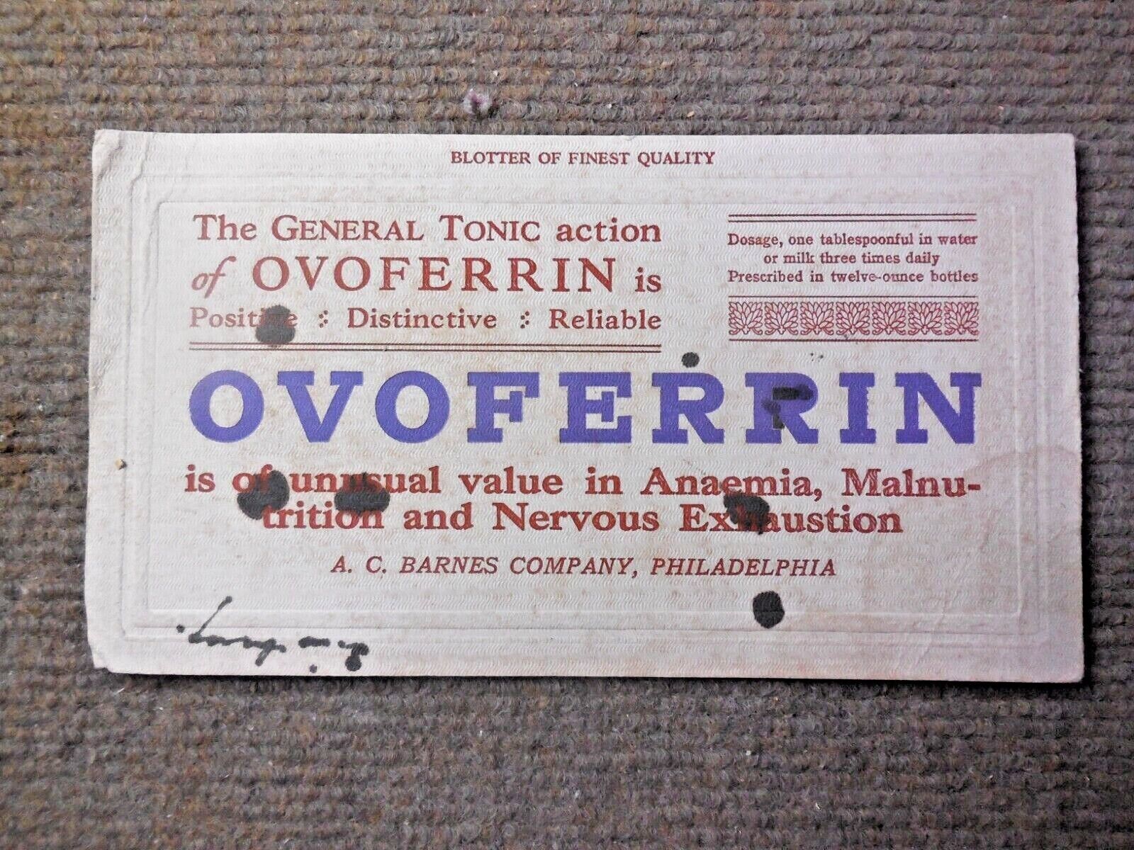  Original Ovoferrin Tonic Blotter for Anaemia, Malnutrition, Nervous Exhaustion