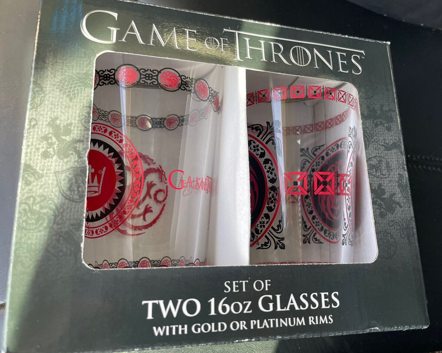 Game of Thrones Set of 2 16 oz Glasses with Platinum Rims NEW