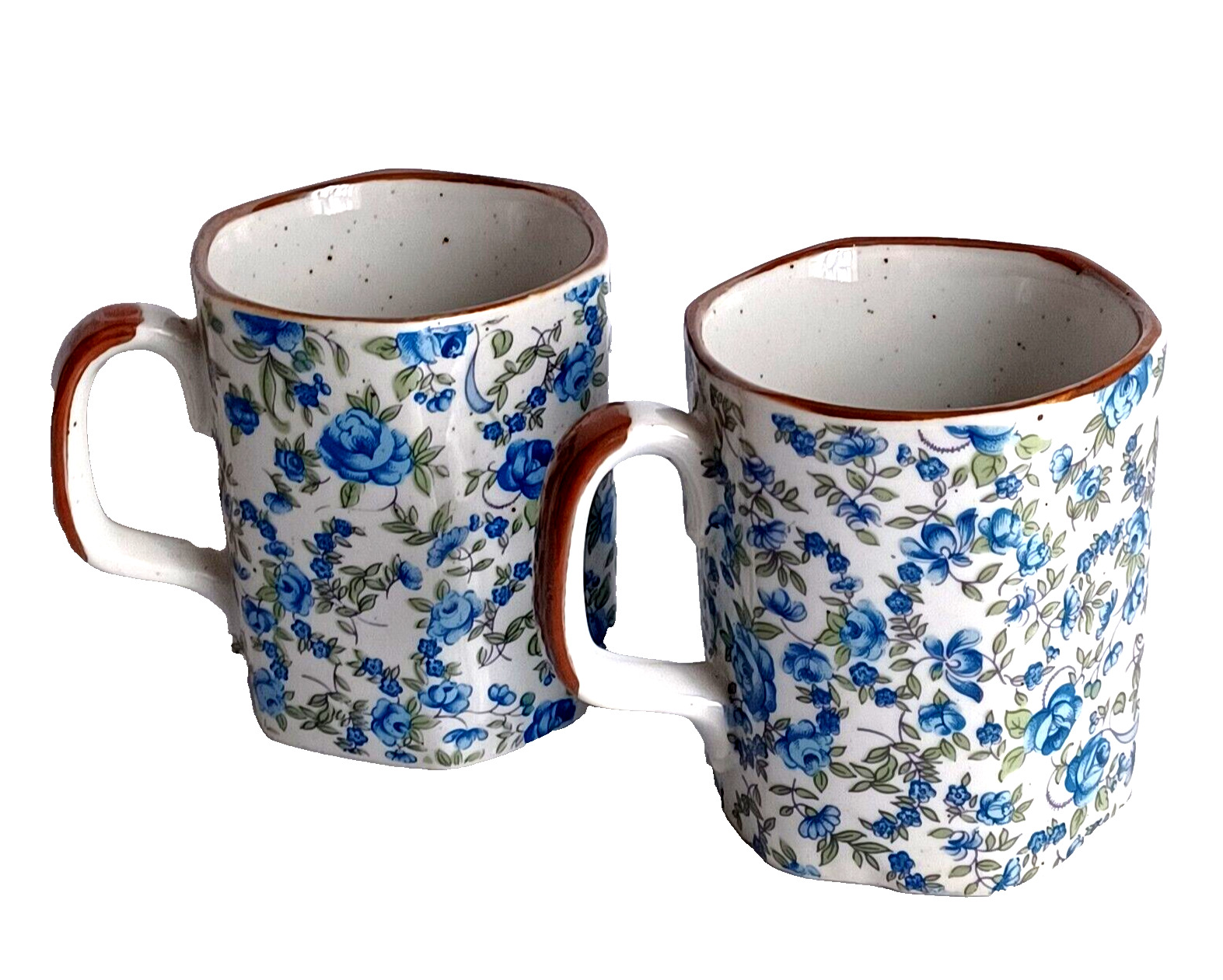 Otigari Mug Stoneware Vintage Blue Roses Cottage Core Tone Brown Handle $10 each