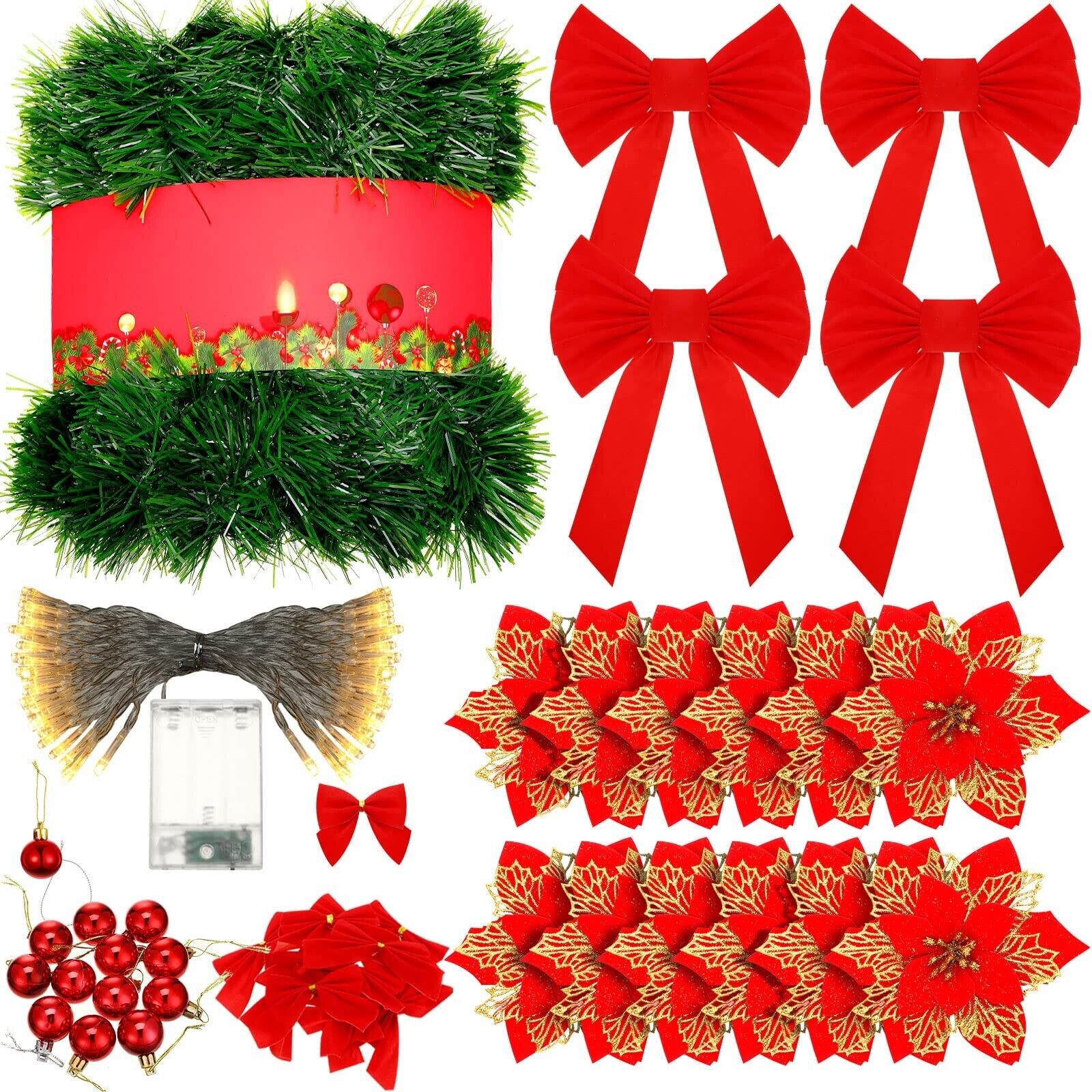 80 Pcs 72FT Christmas Garland Set with 36 Red Bows 4 Large Bows 24 Christmas ...