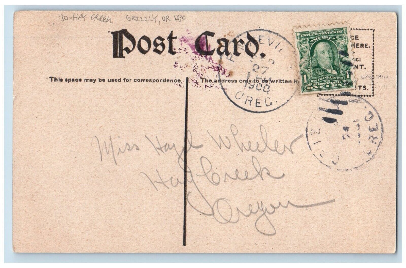 DPO Grizzly Oregon OR Hay Creek Postcard Wholesale Dealer c1910's Posted Antique