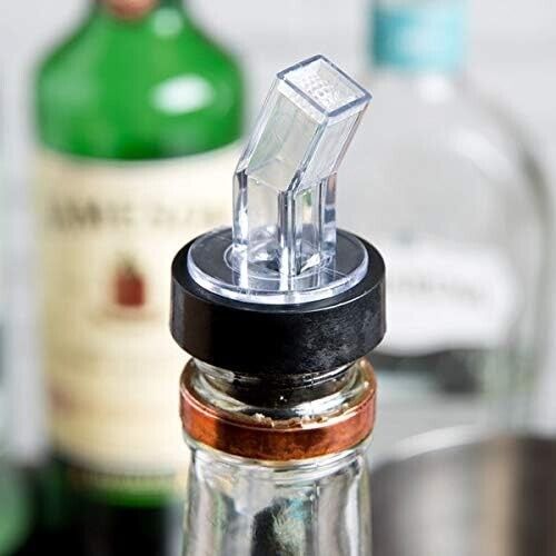 Set of 24 CLEAR Plastic Screen Liquor Bottle Pourers with blk collar, NEW/SEALED