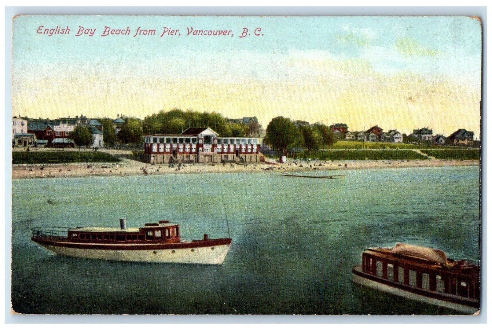 c1910 English Bay Beach Steamboat Vancouver British Columbia Canada Postcard