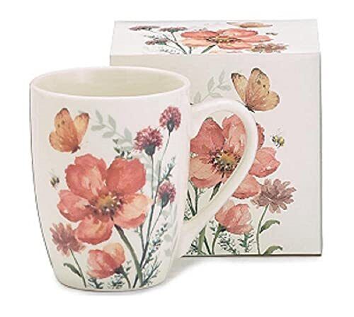 Mauve Wildflower and Butterfly Mug, 12 Oz, Porcelain, Kitchen Accessories