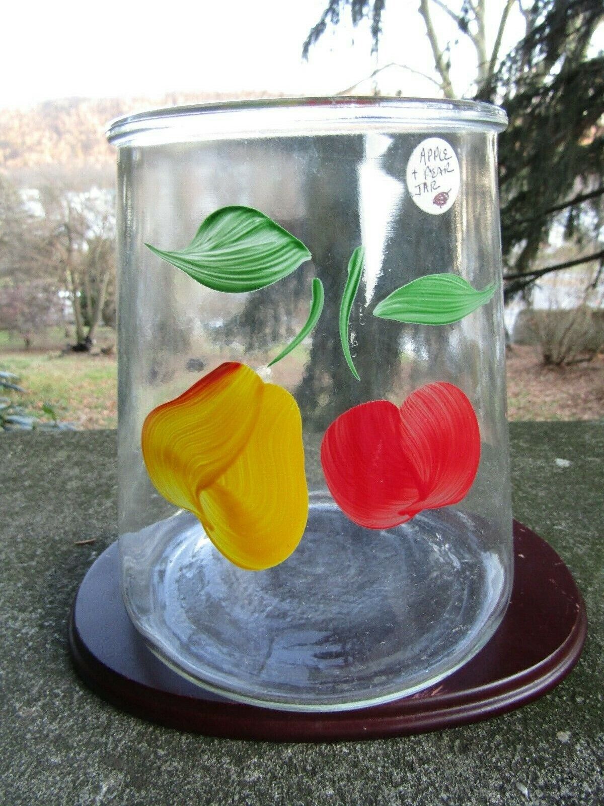 Vintage Mid Century MCM Hand Painted Apple and Pear Glass Jar ~ 6.75” x 7 1/8\